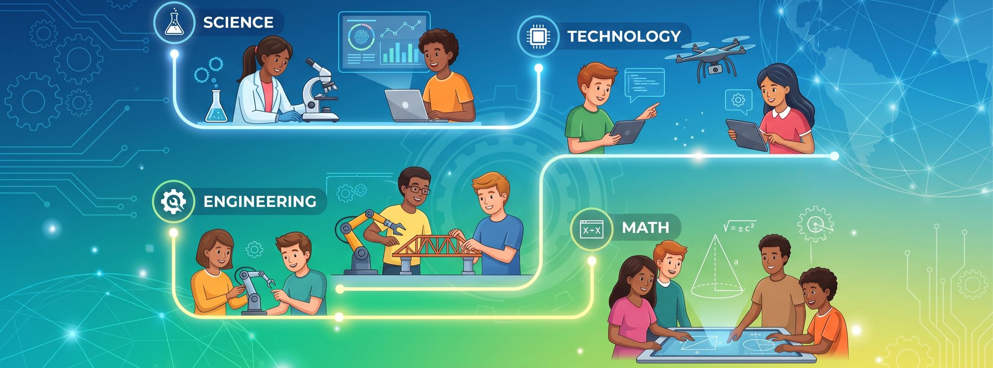 Illustration of children exploring Science, Technology, Engineering, and Math — from microscopes and lab work to robotics, drones, and coding